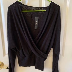 Lulu’s Fae Black Ribbed Surplice Long Sleeve Top